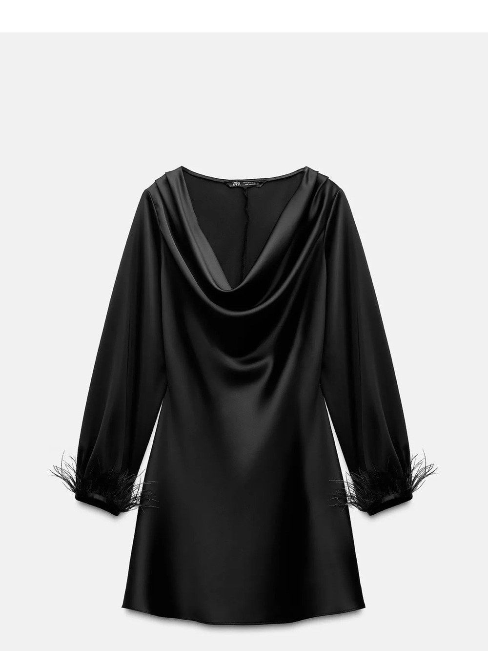 Zara Black Satin Mini Dress with Feather Cuffs